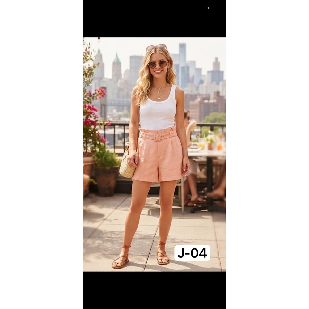 Ophelia Roe Peach Linen Blend Paperbag Shorts Belted High Rise Pleated XL New